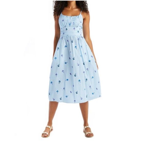 HVN Blue Lucy Strappy Cotton Ruched Dress with Ice Cream Print sz‎ 2 - Picture 1 of 5